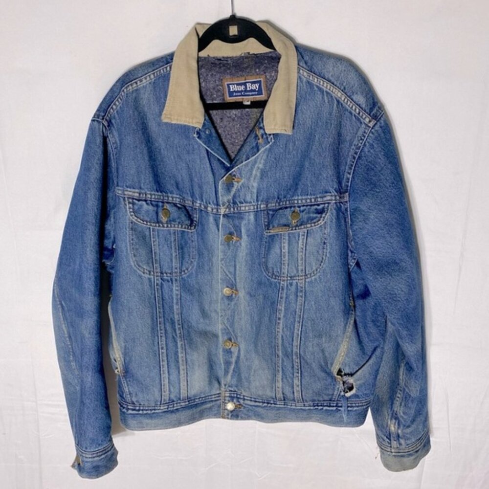 Vintage Blue Bay Distressed Blanket Lined Denim Trucker Jacket Blue Denim Jacket